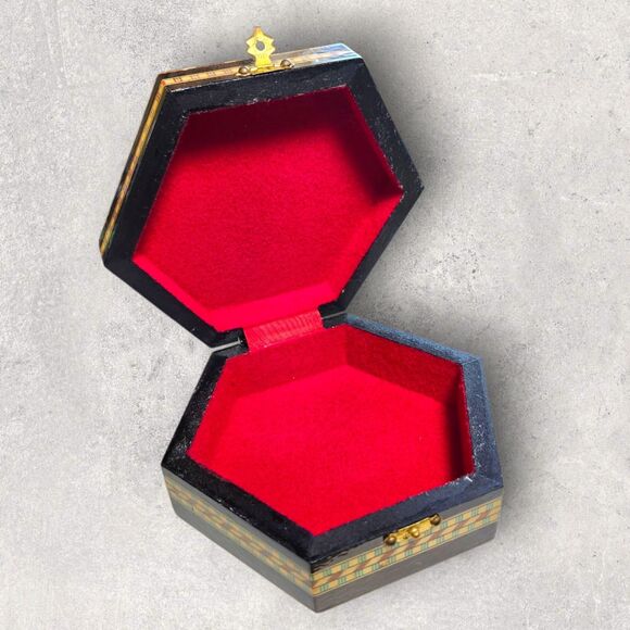 Vintage Taracea Marquetry Jewelry Box Spain Inlaid Wood Hexagon Gift Geometric - Picture 3 of 8